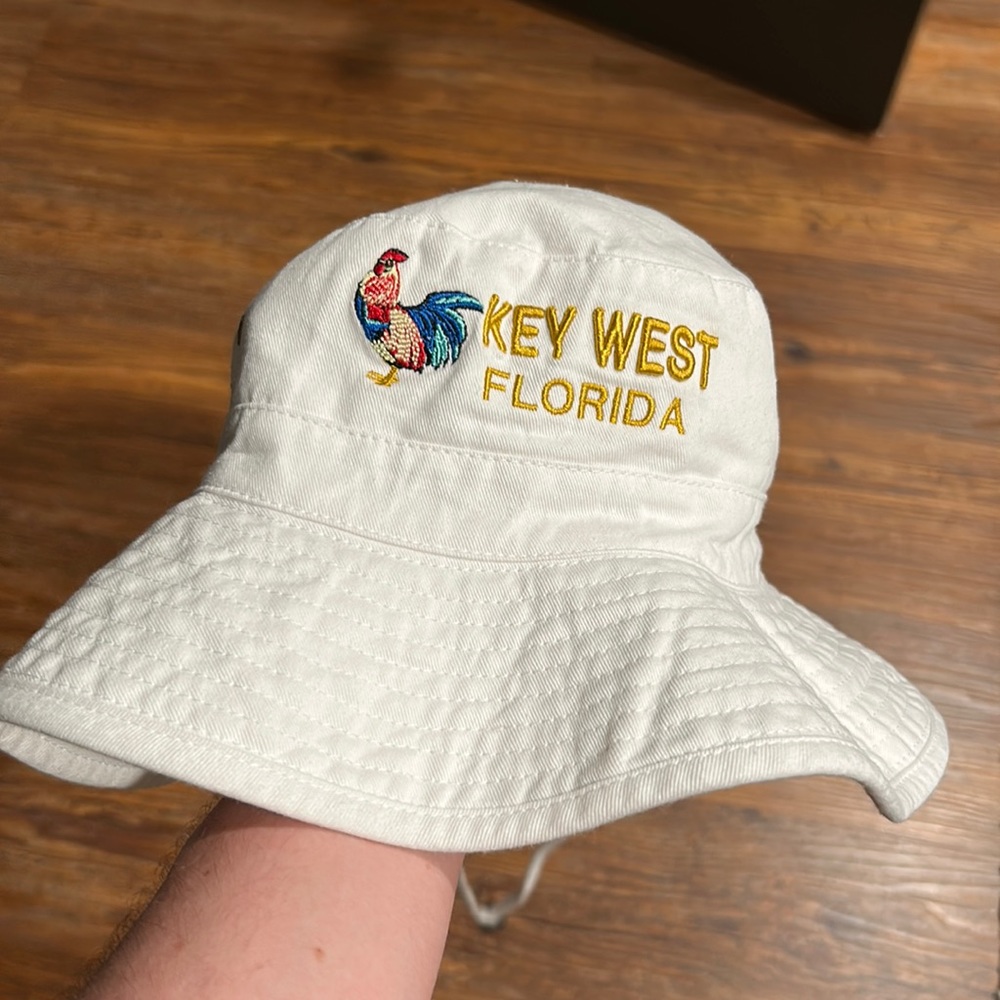 Key West Florida Wide Brim Bucket Hat for shade (rooster/tropical)